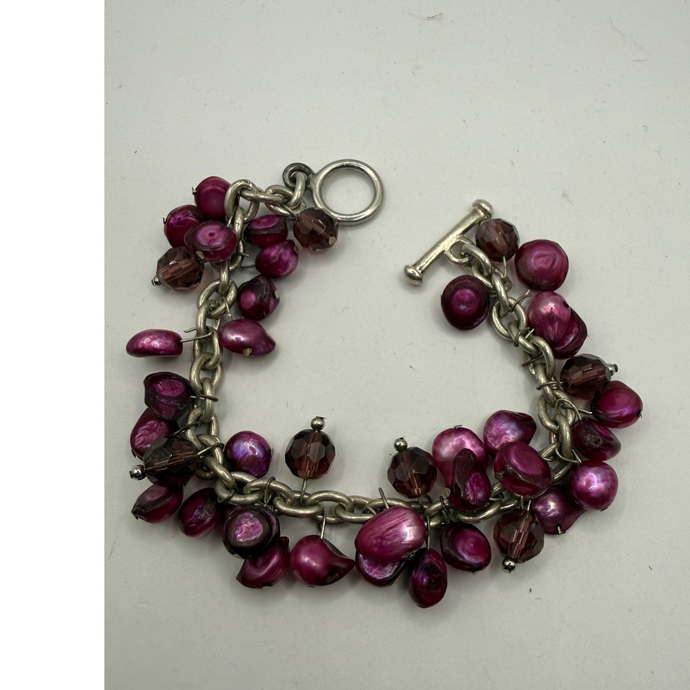 Vintage Purple Pearl & Glass Bead Cluster Charm Bracelet Boho